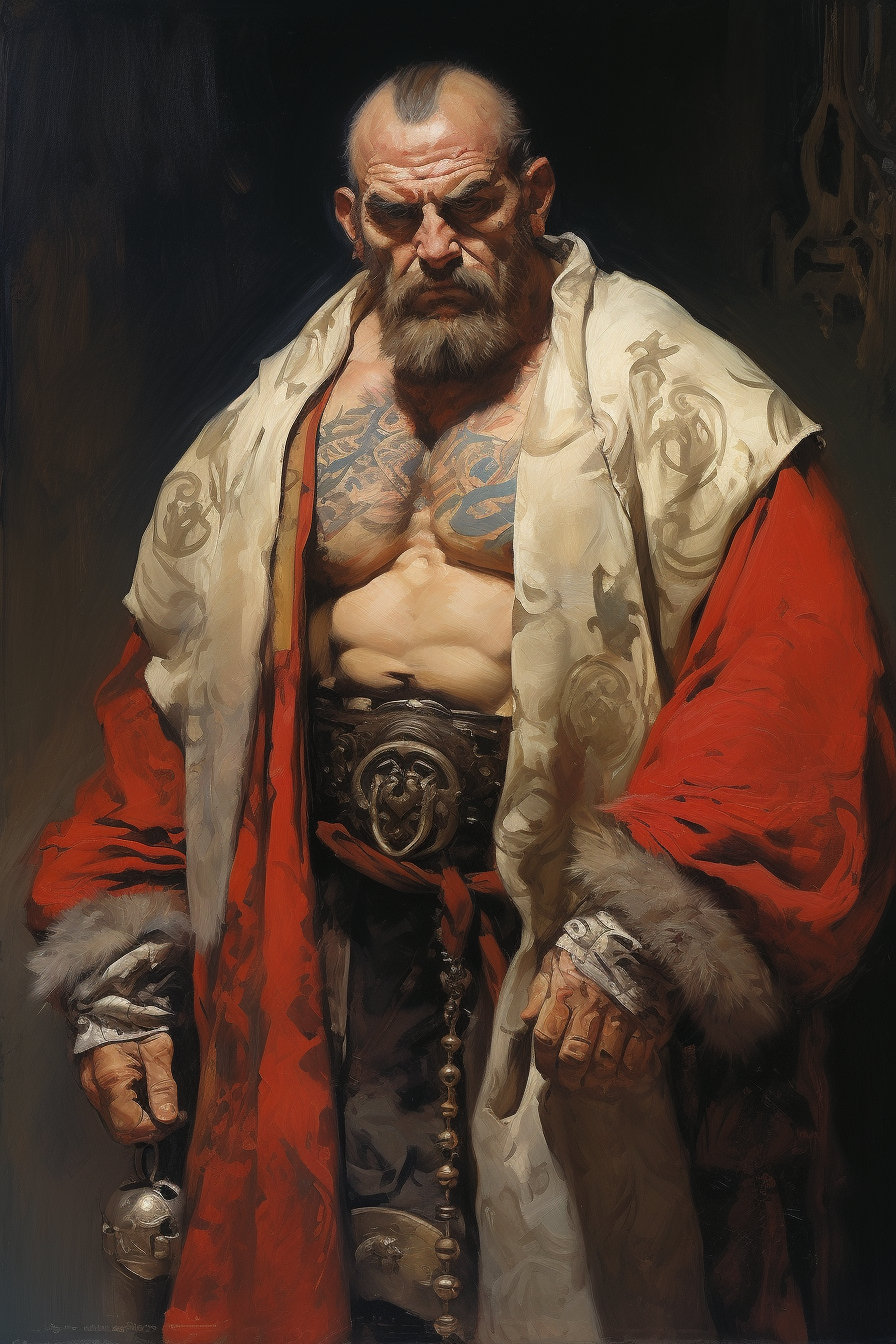 Muscular dwarf with bold tattoos wearing a robe