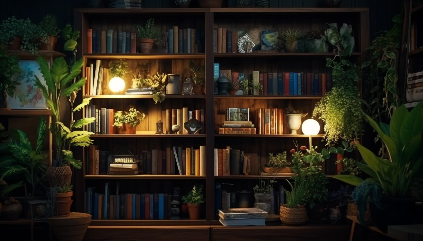 Ultrarealistic Bookcase Room with Plants, Flowers, and Objects