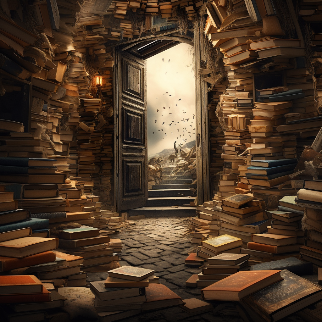 3D image of books with steps and an opening door