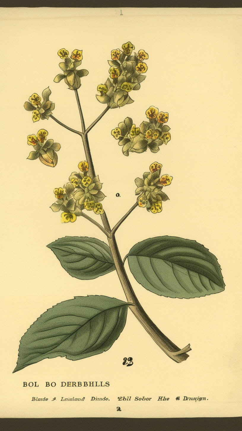 Detailed botanical illustration of Peumus Boldus