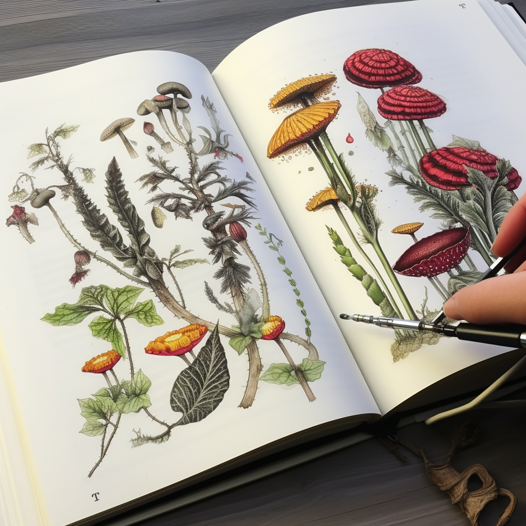 Illustration of plants and worms in botanist's sketchbook