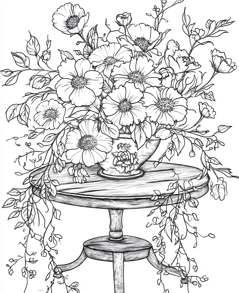 bouquet coloring page with flowers, vines, leaves - black ink - white paper.