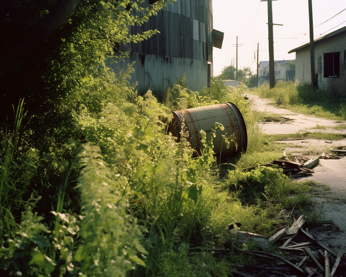 Abandoned bourbon barrel in trash-filled vacant lot