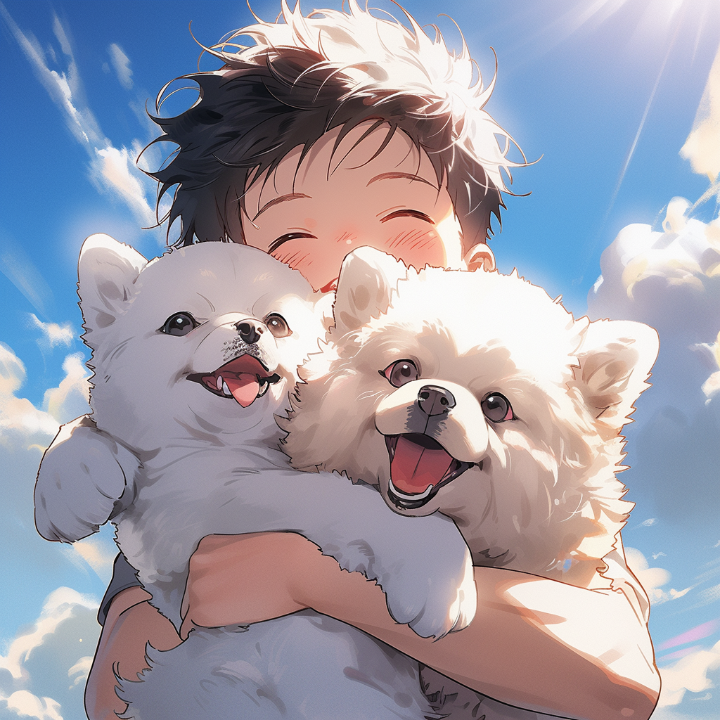 Boy holding Samoyed dog