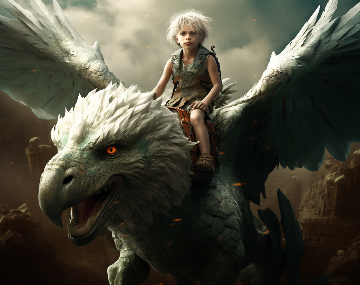 Boy riding a mythological griffin