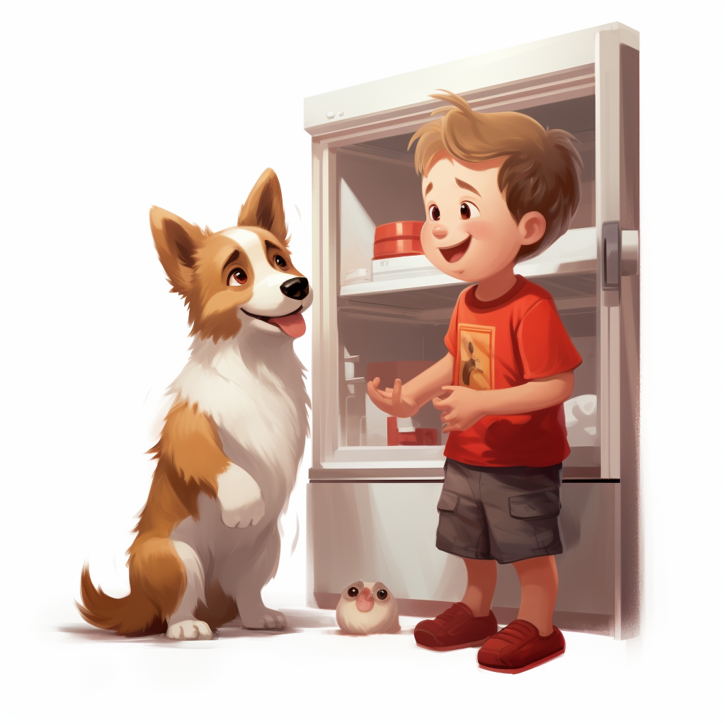 Boy and Dog Searching in Fridge