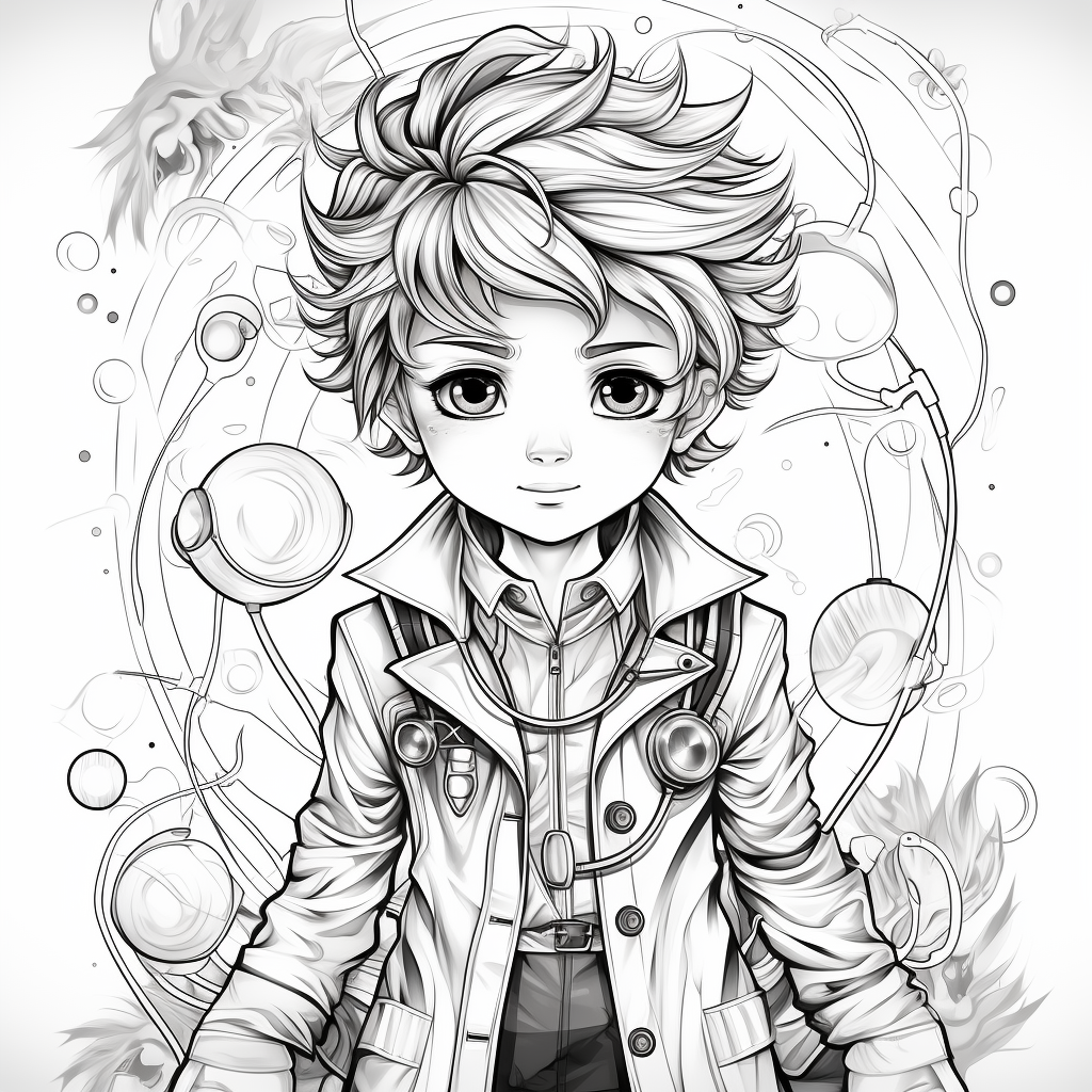 Black and white vector line art of a boy doctor