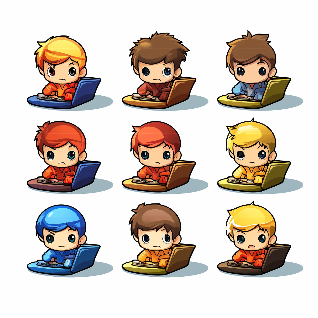 Group of boys using laptops in chibi style