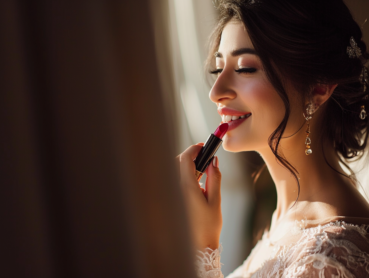 Bride with lipstick smiling