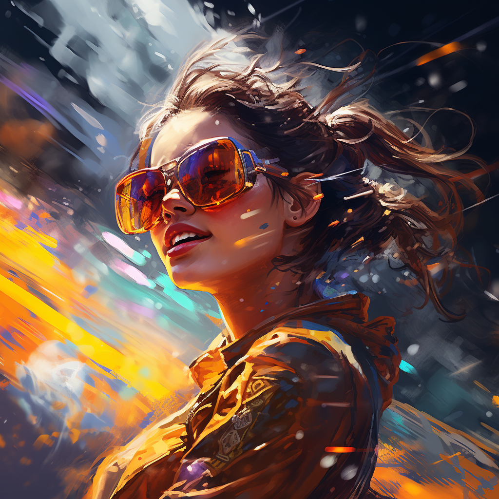 A girl with aviator glasses surrounded by colorful paint splashes