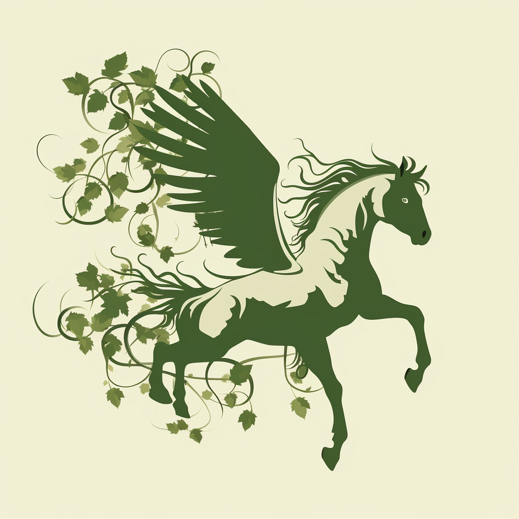 Silhouette of Broken-up Pegasus Surrounded by Green Leaves and Vines