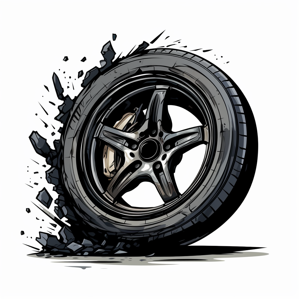 Cartoon dirty car with broken wheel and tyre waste