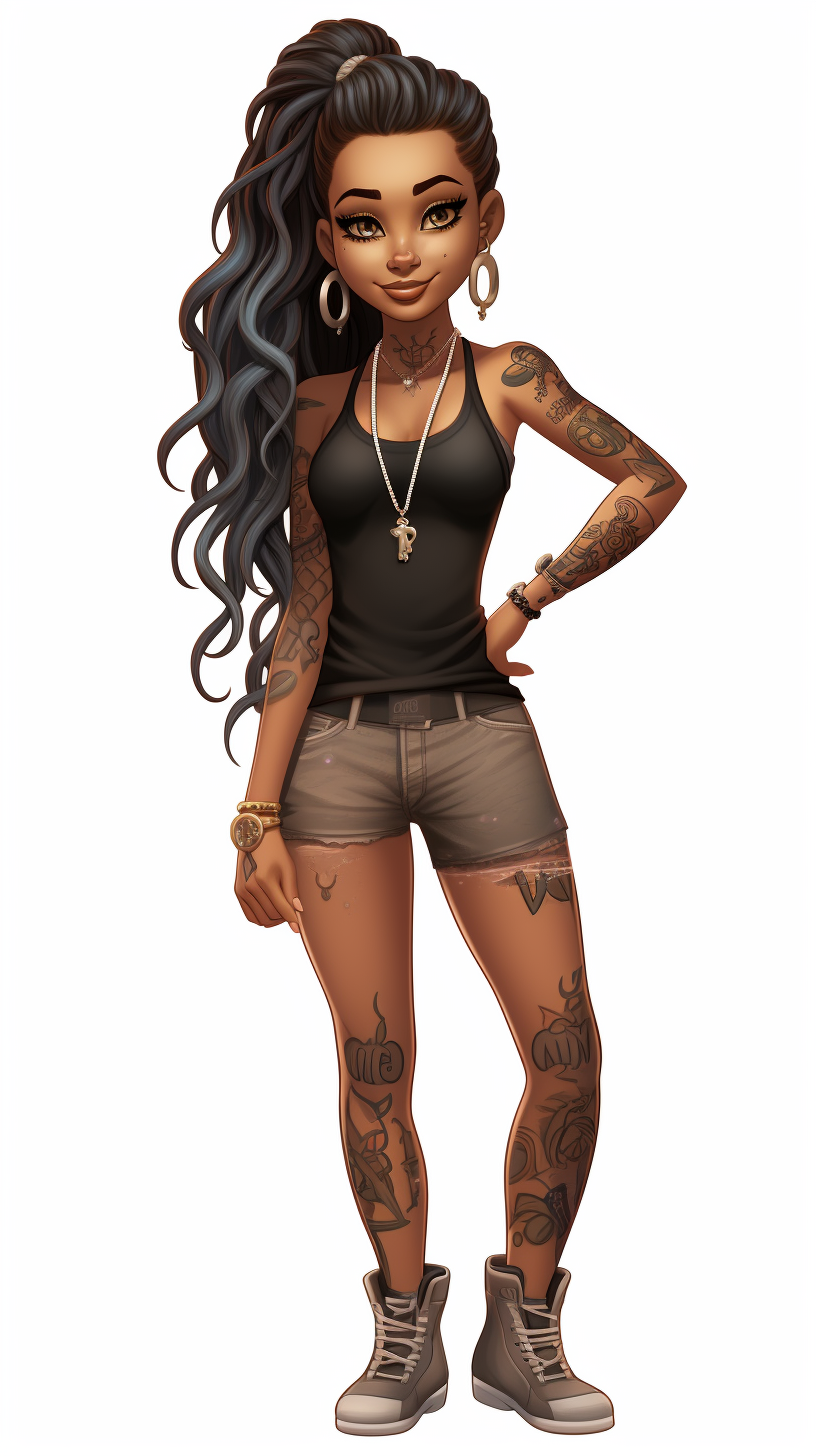 Cartoon character of a brown girl with tattoos and piercings in T pose