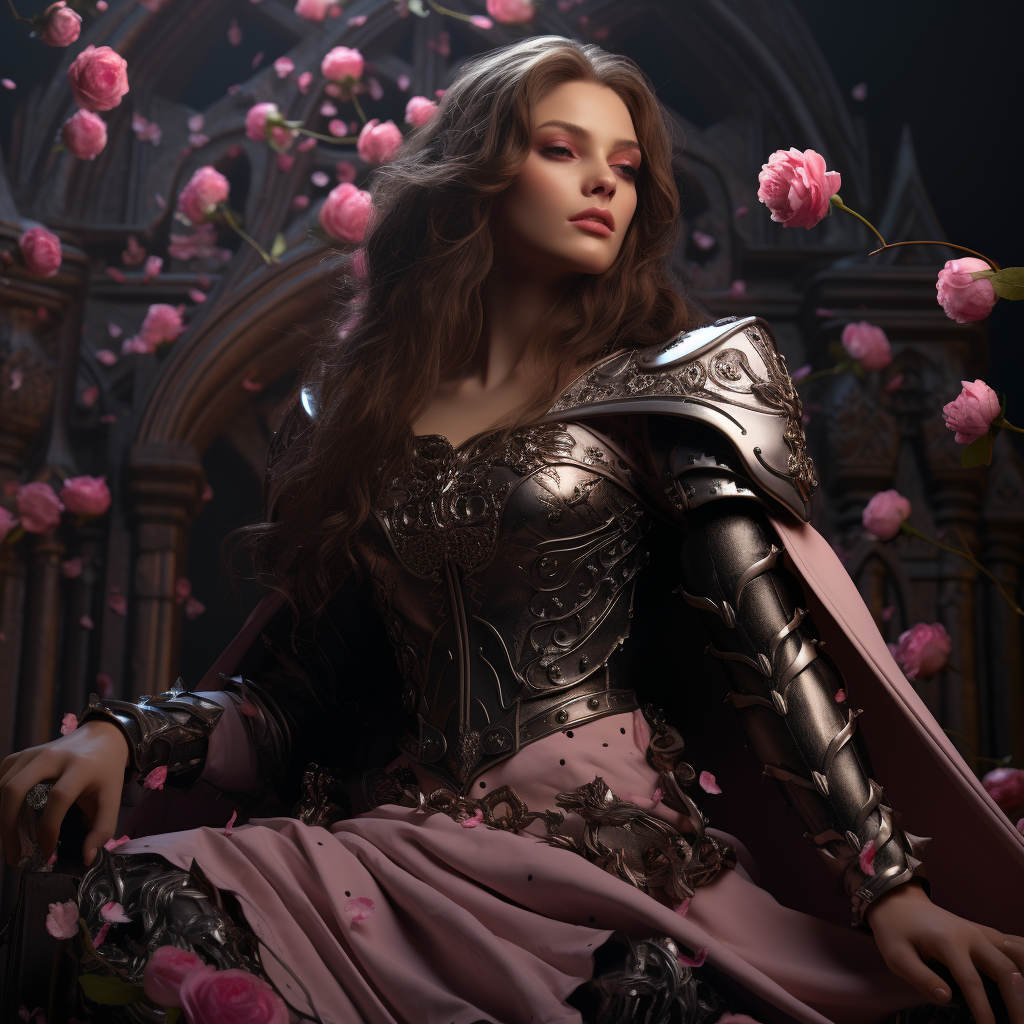 Brown-haired queen wearing black armor with pink flowers