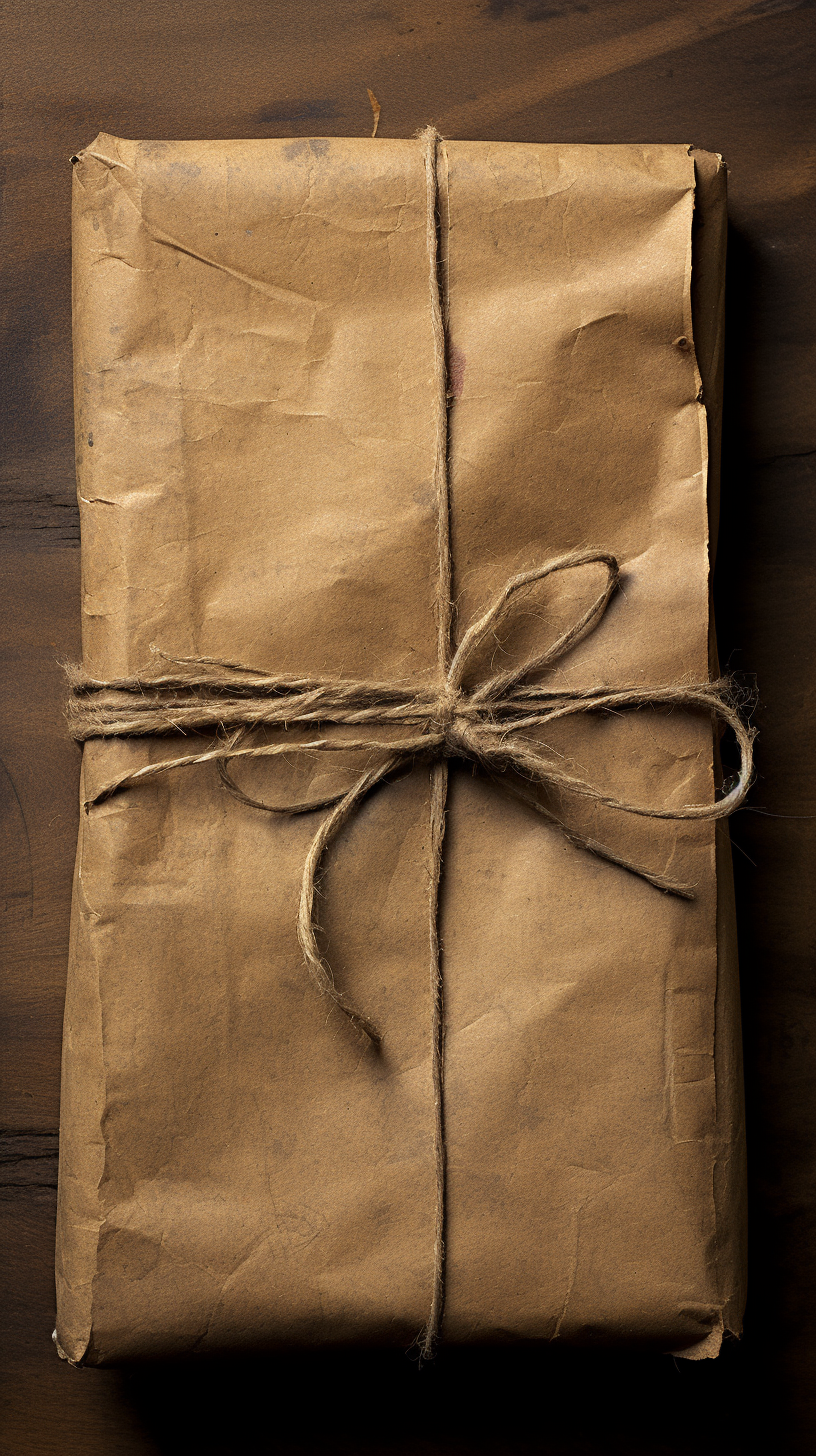 Old and Worn Brown Paper Package Tied with Twine