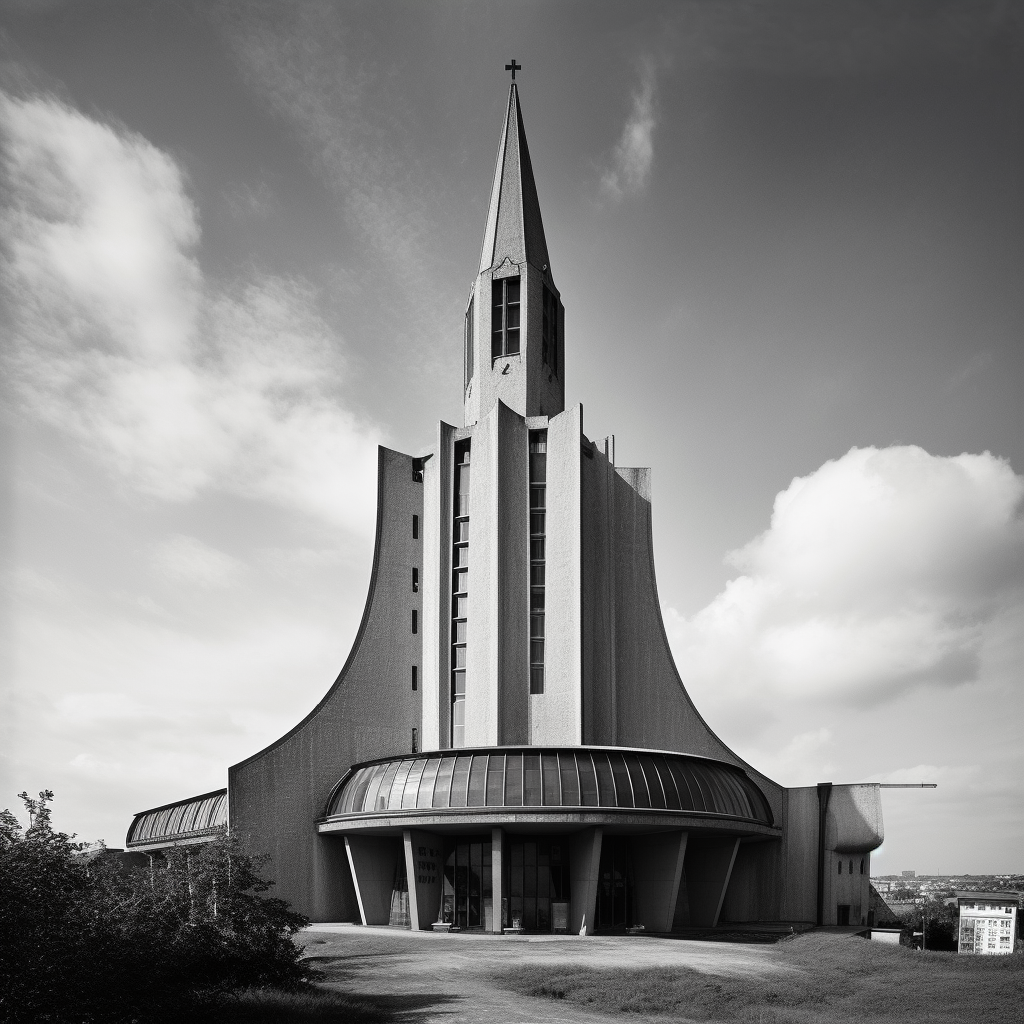 black and white brutalism church carrot