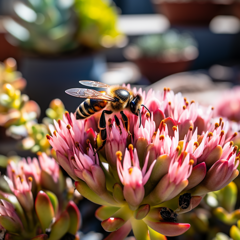 Bumblebee on succulent with shallow depth of field