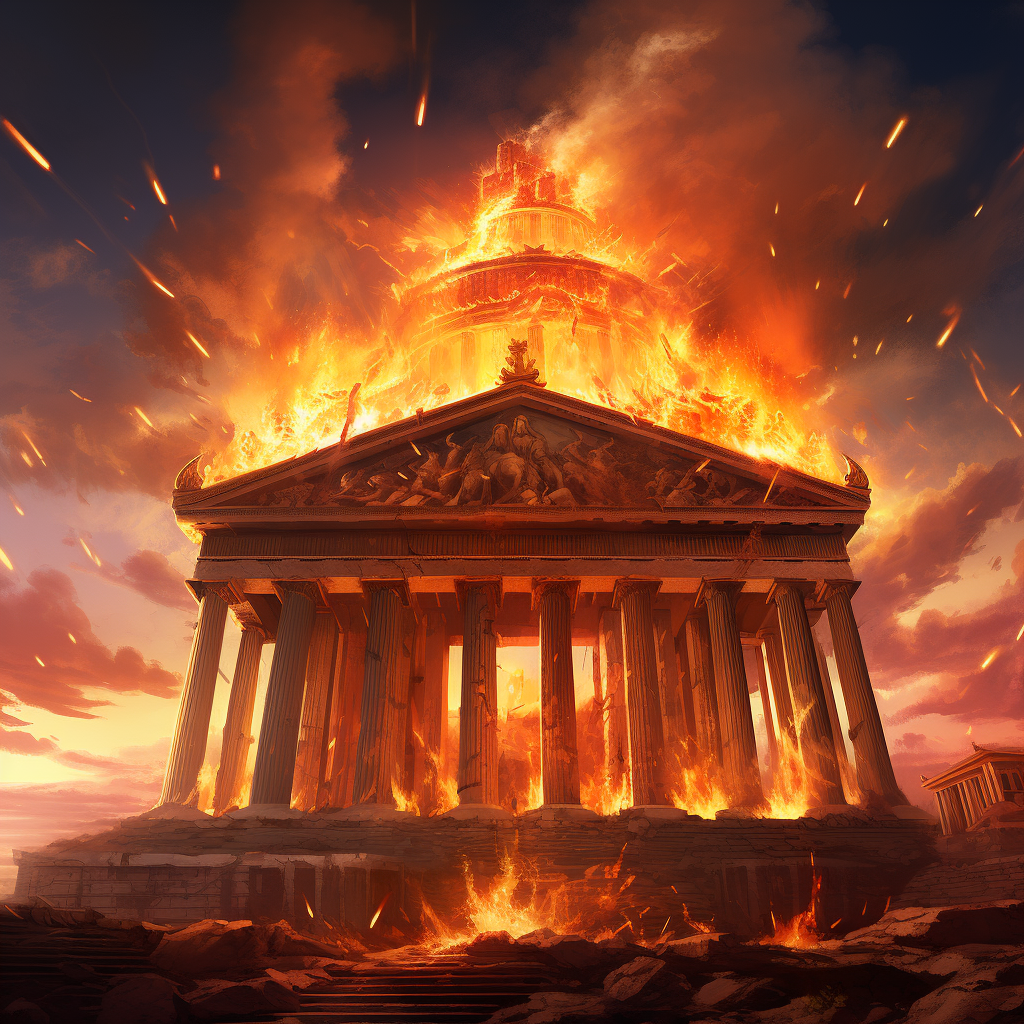 Massive angry gods above burning Arthemis Temple