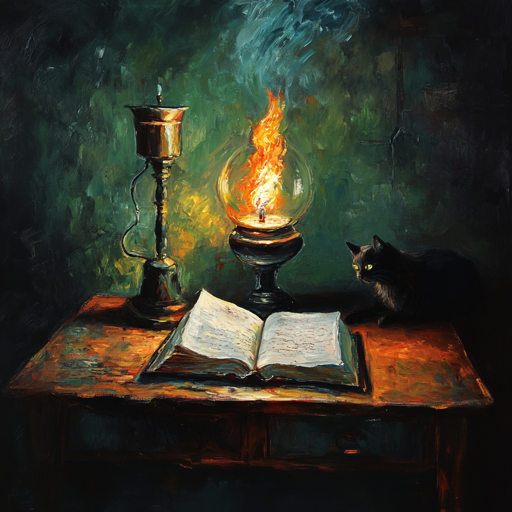 Oil painting of burning lamp, open book, cat on table