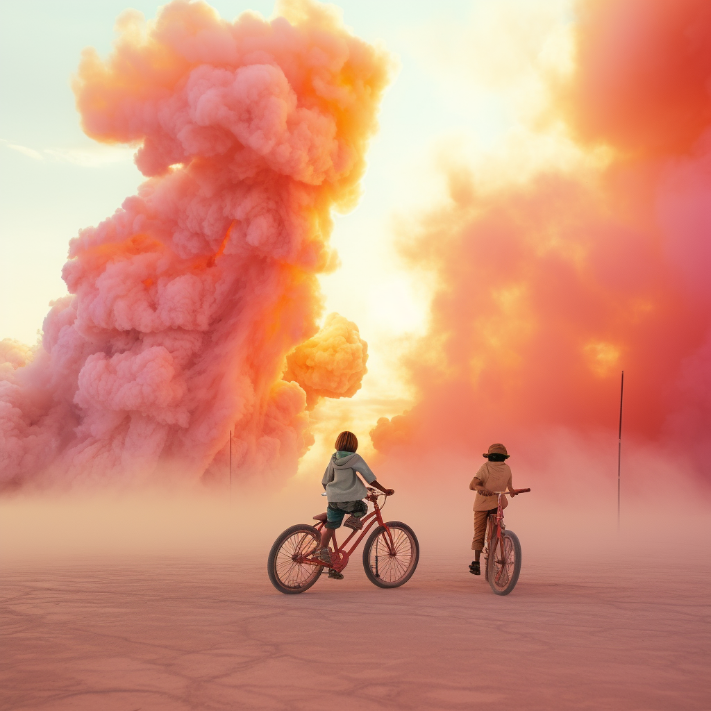 Kids having fun with colourful smoke at Burning Man