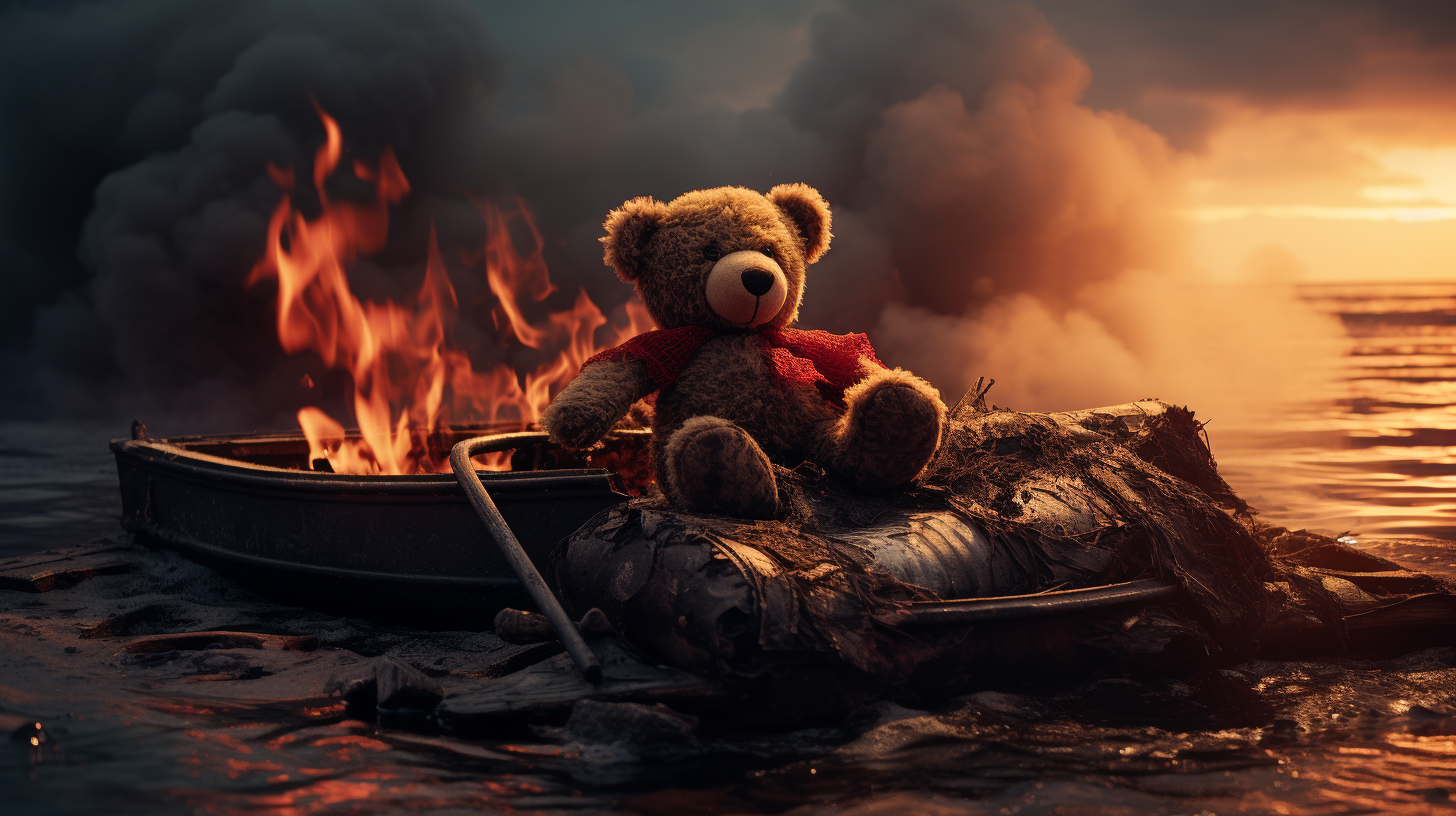 Burning Viking ship with dead teddy bear