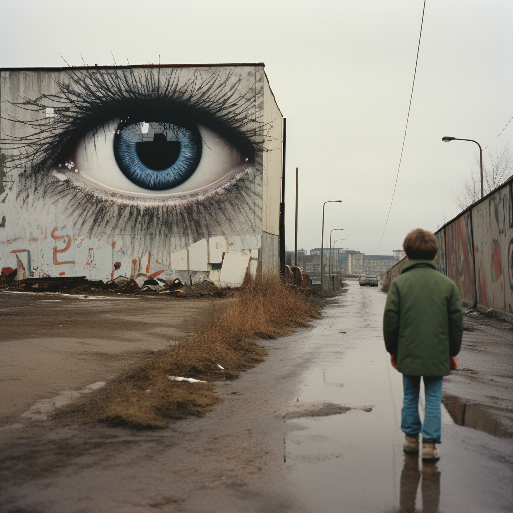 A realistic photograph of a 10-year-old boy walking on a busy road