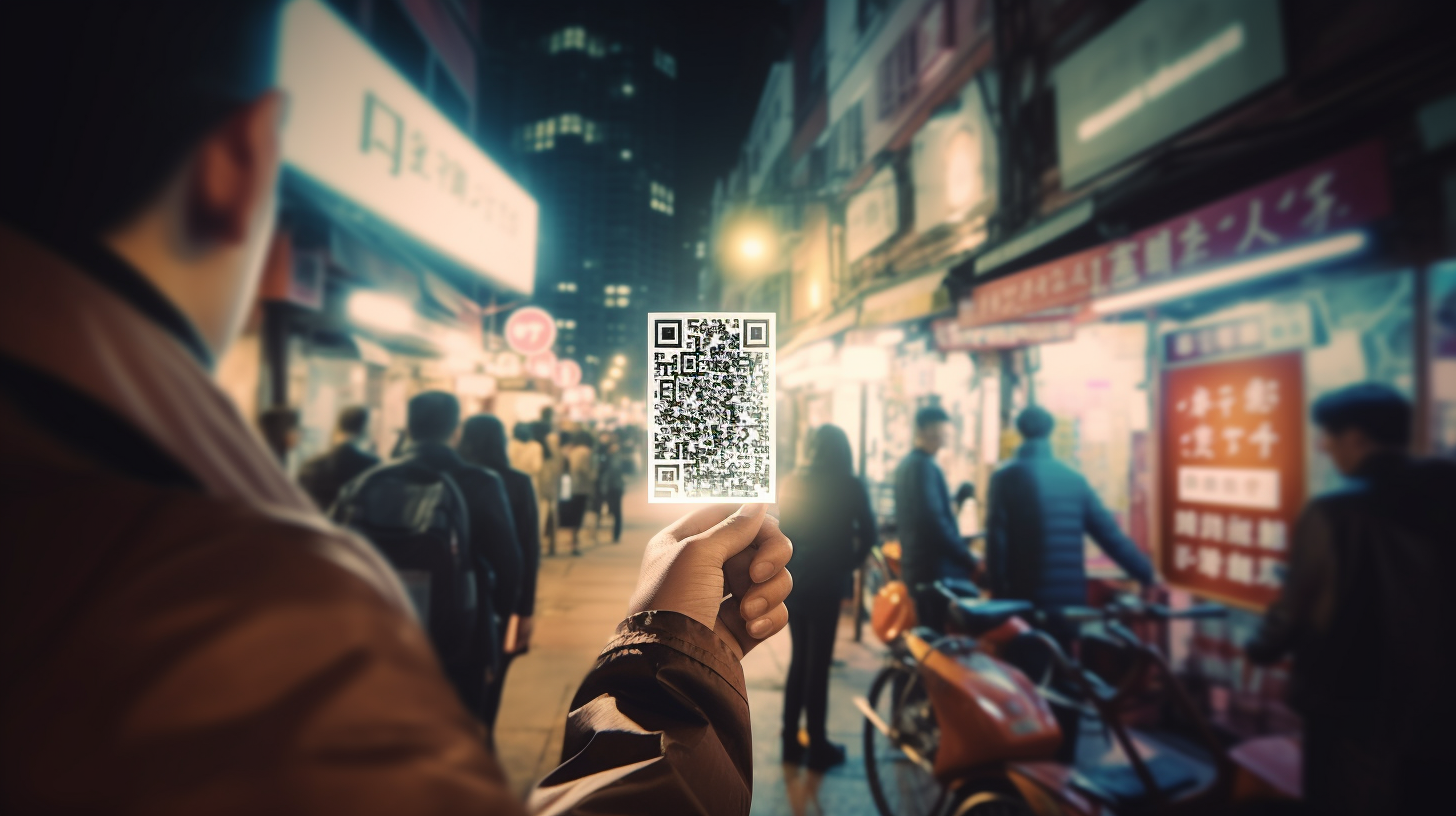 Person promoting product with shining QR code