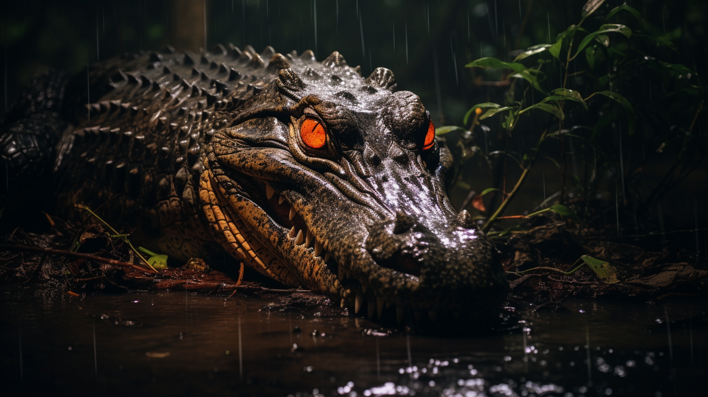 Realistic photo of a caiman at night