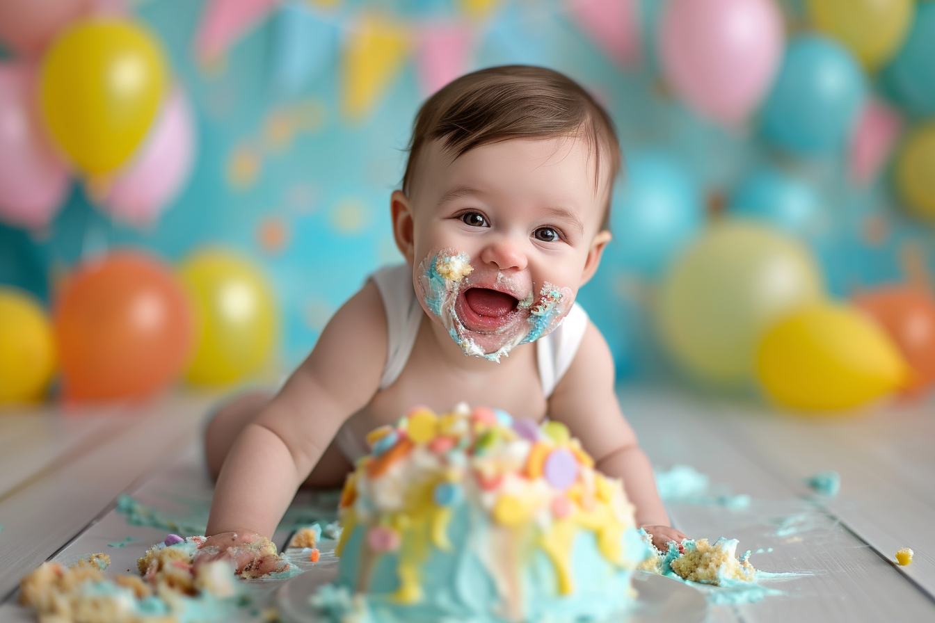 Vibrant cakesmash with one-year-old baby