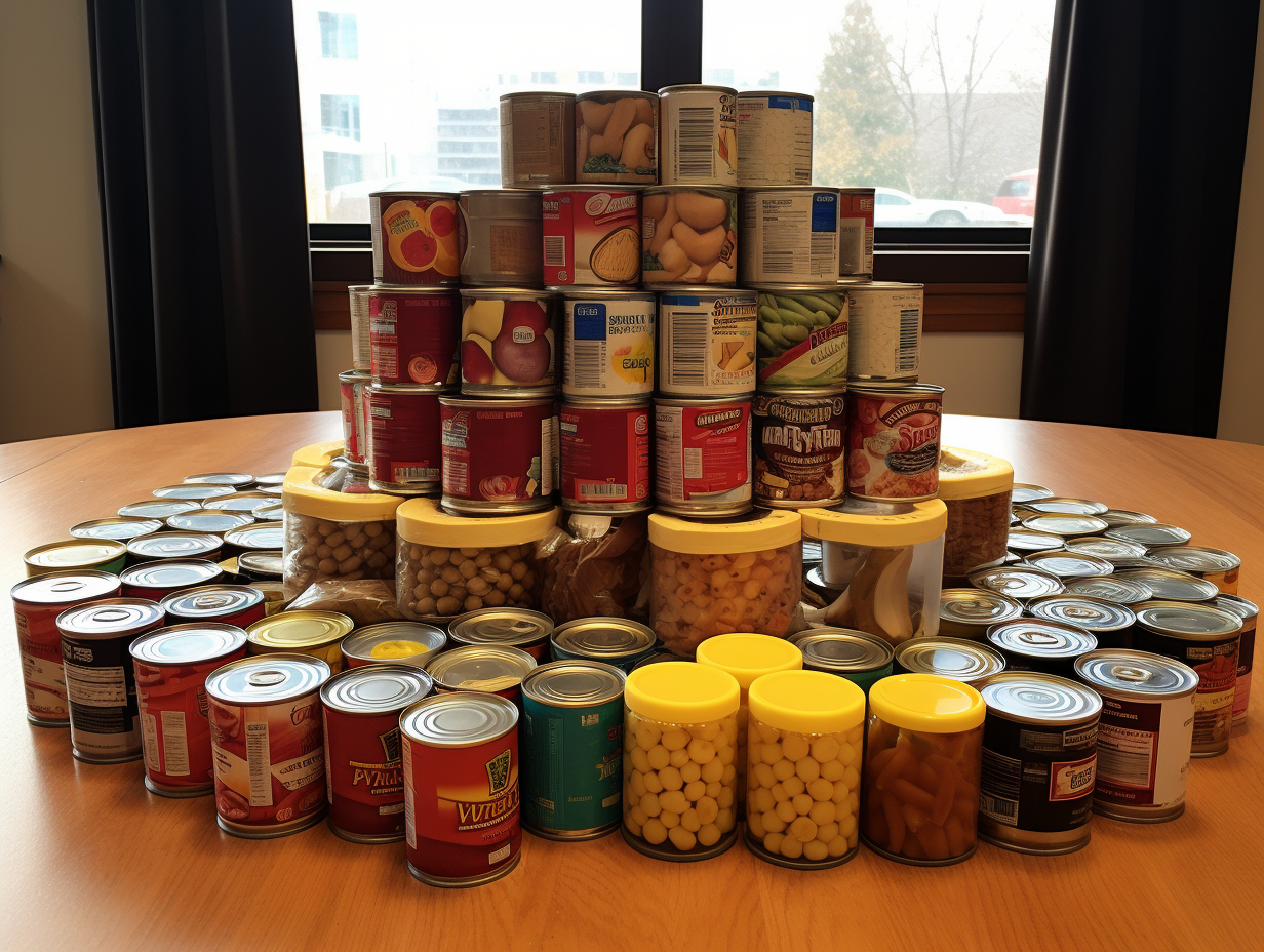 Canned food on table, food drive