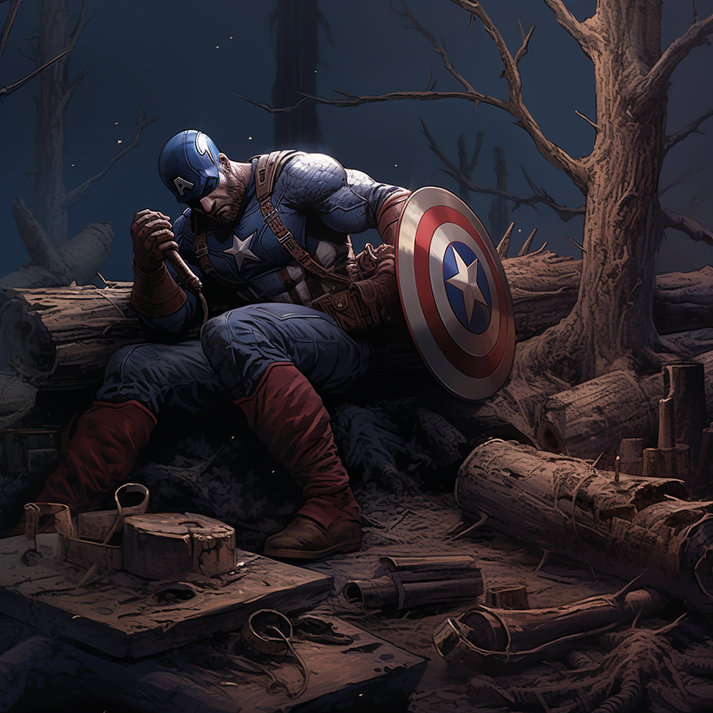 Captain America chopping wood with axe, Groot sleeping