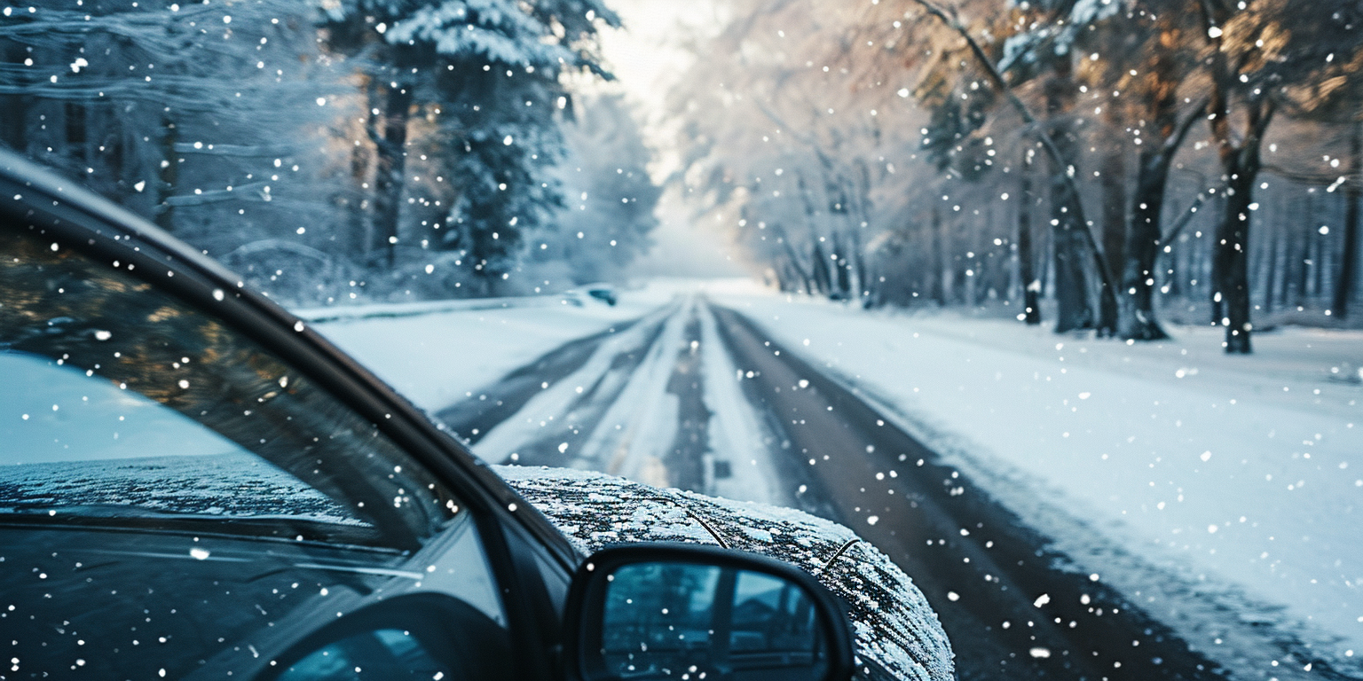 Winter car front windshield exterior view