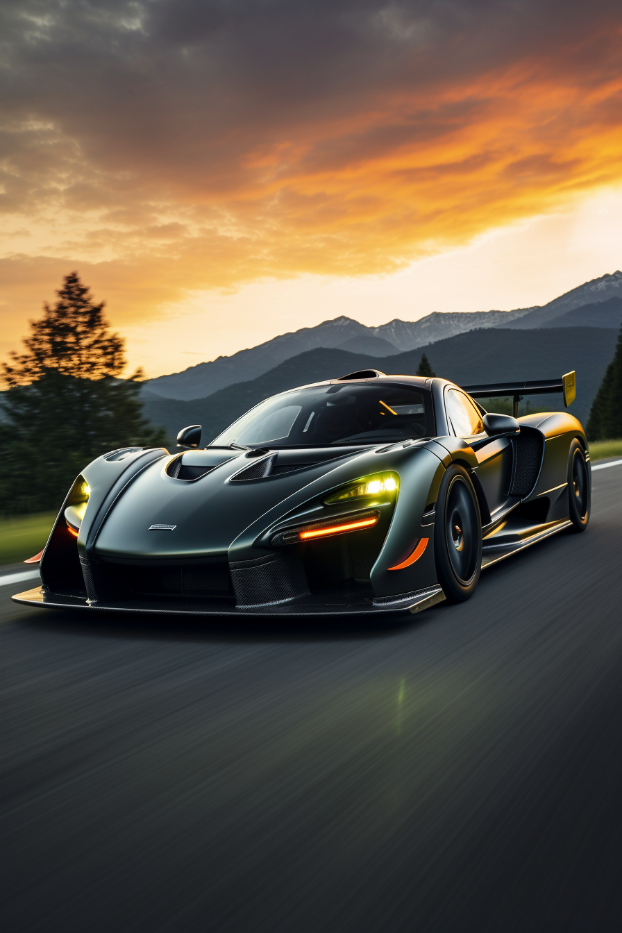 McLaren Senna GTR racing through scenic mountains