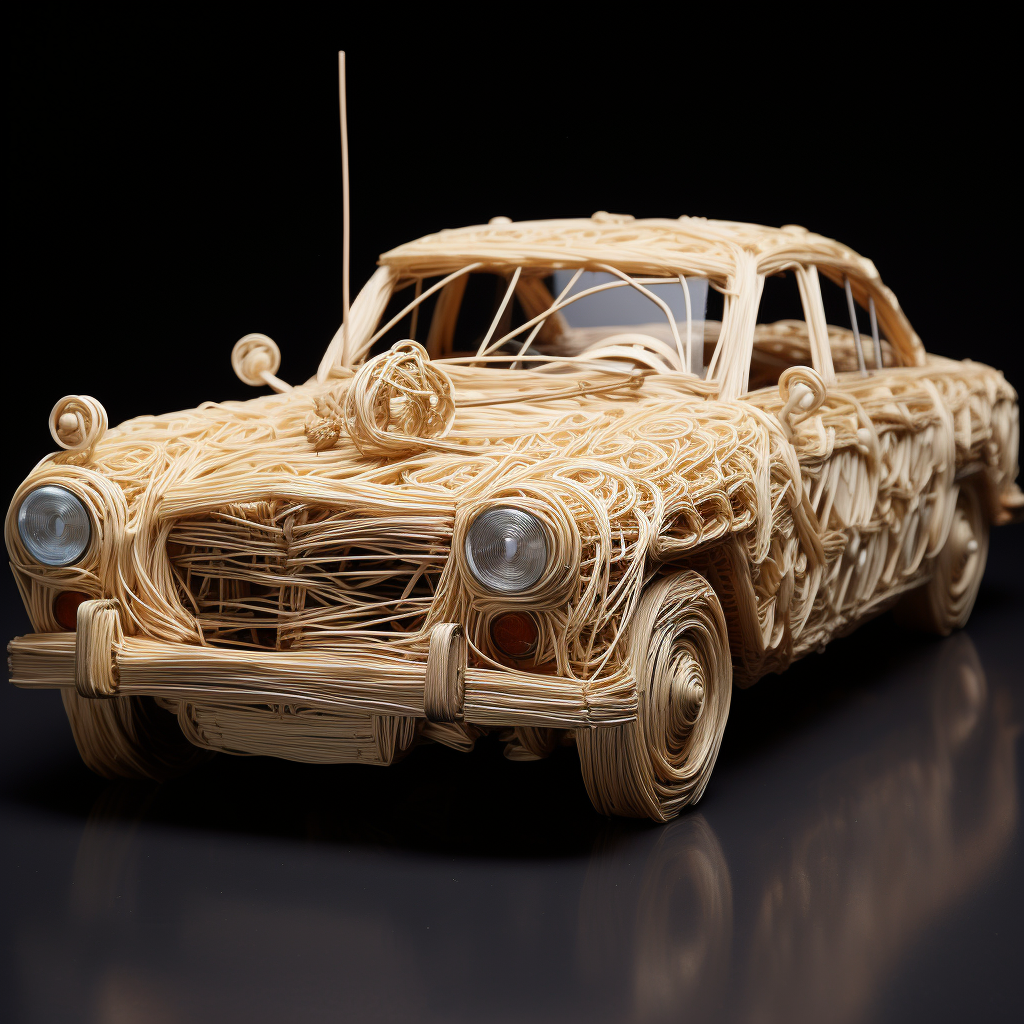 Homemade cardboard car with toothpicks and glass shards