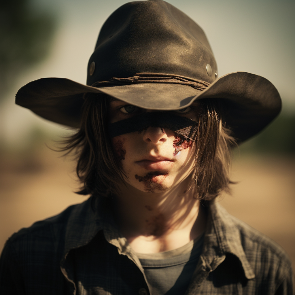 Carl with intense gaze wearing an eye patch