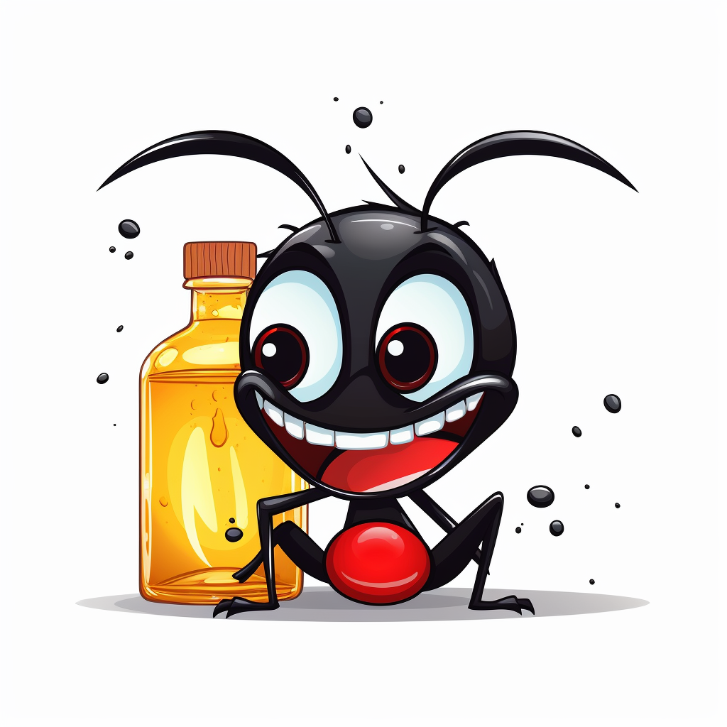 Cartoon ant drinking poison from a bottle