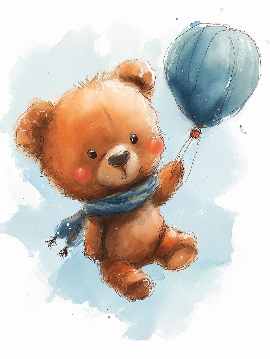 Cartoon baby teddy bear riding balloon flights