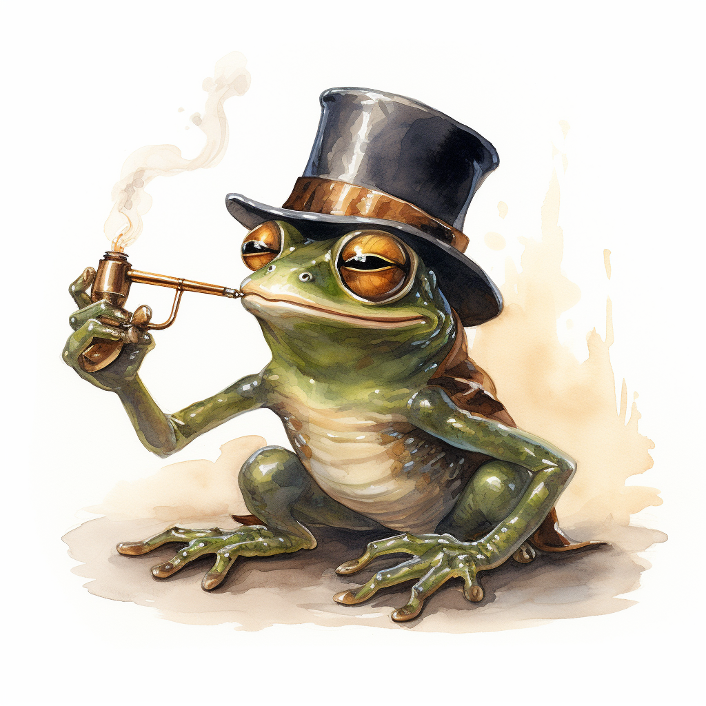 Cartoon frog blowing whistle with eyeglass and hat