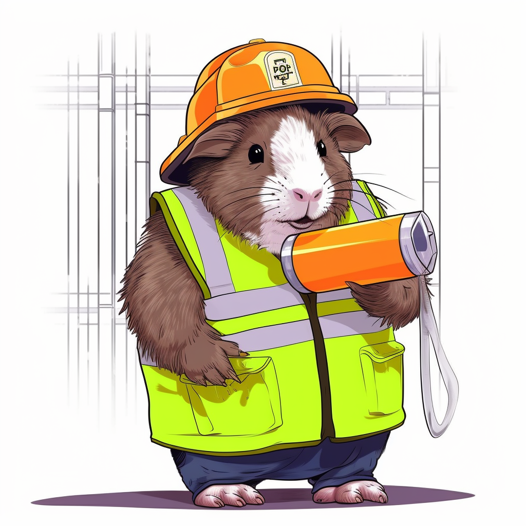 Cute guinea pig wearing safety gear and drinking beer.