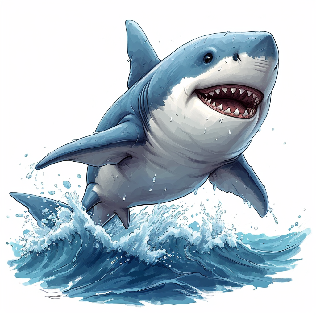 Cartoon shark jumping over water wave