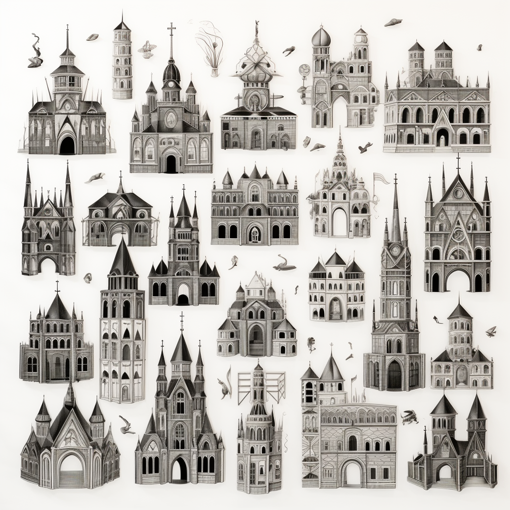 Cartoon temples, churches, cathedrals, shrines in grid