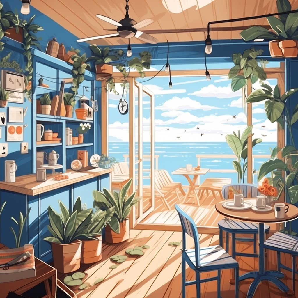 Cartoon beach cafe interior illustration