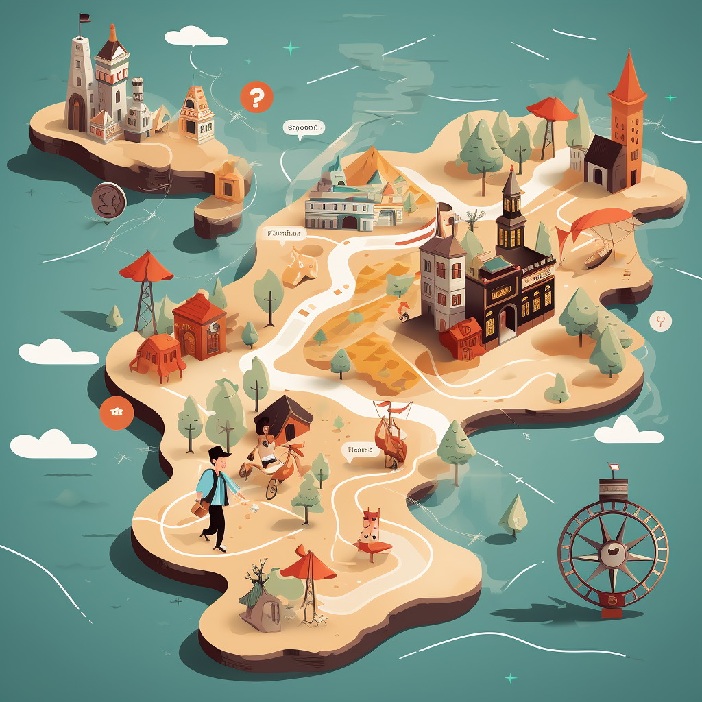 Character journeying through illustrated landmarks