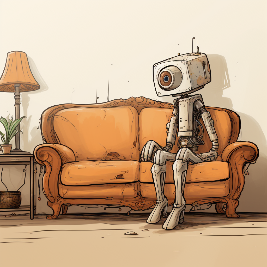 Cartoon robot standing looking at white couch