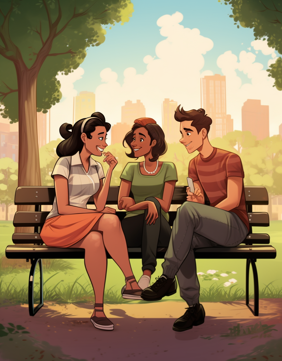 Cartoonish friends whispering on sunny day at park bench