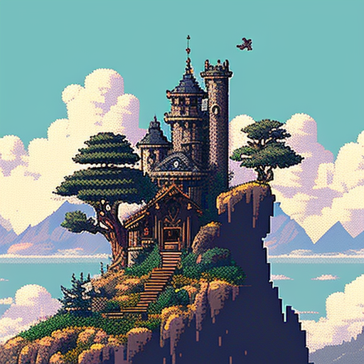 Castle on hill, owlboy pixel art