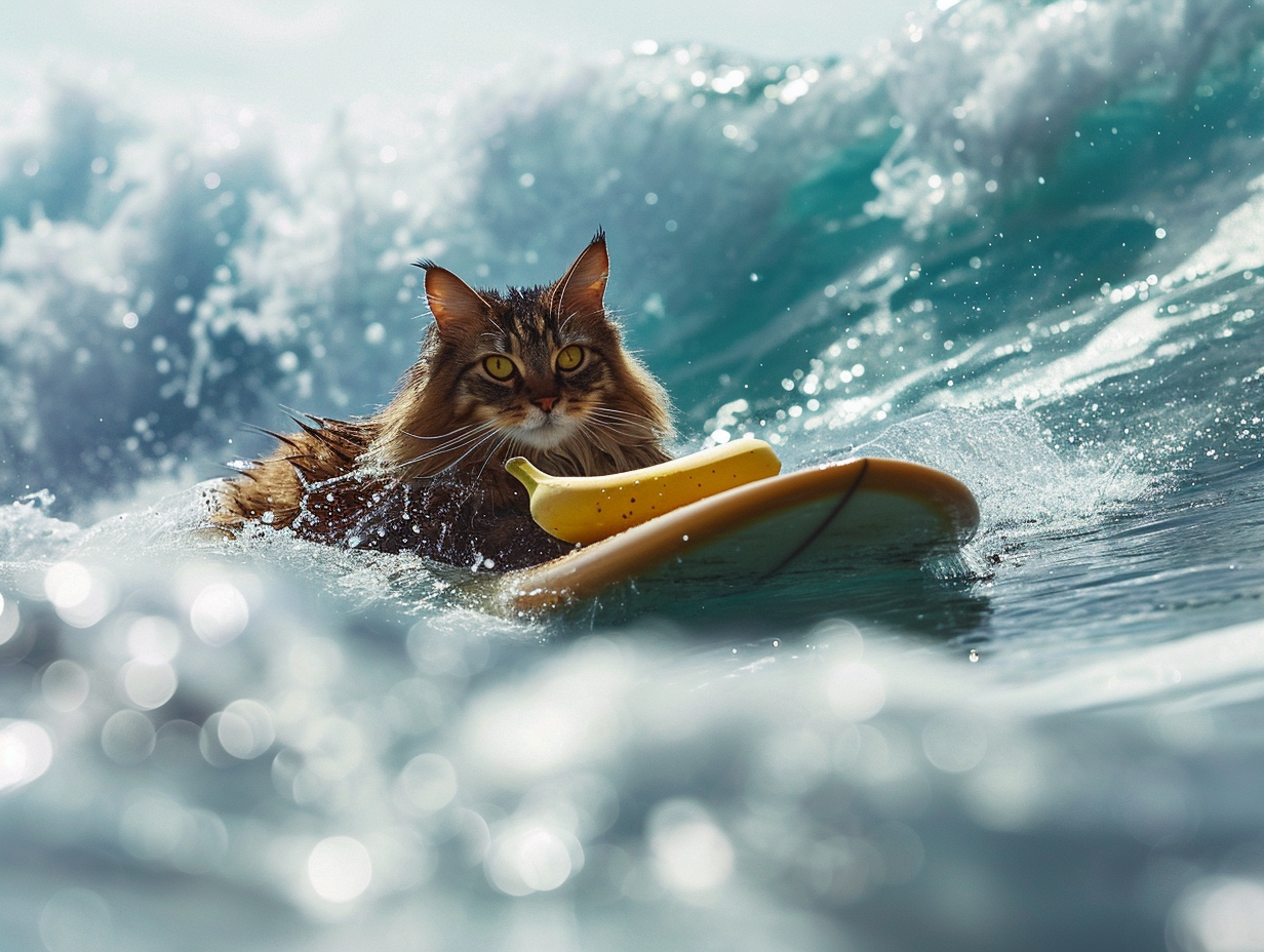 Cat surfing with banana in sea