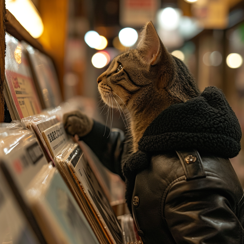 Cat in Black Leather Coat Shopping