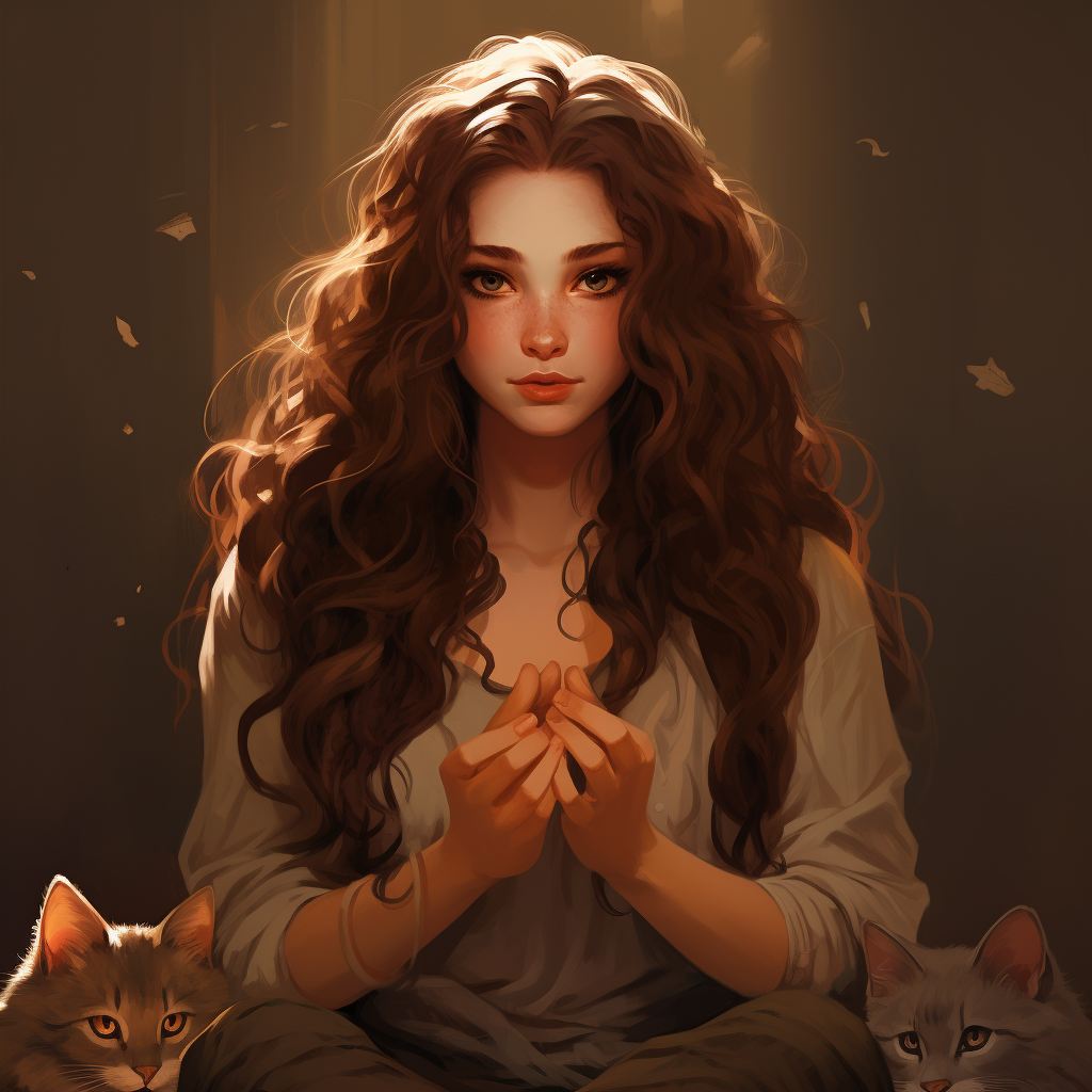 Cat girl with long curly brown hair