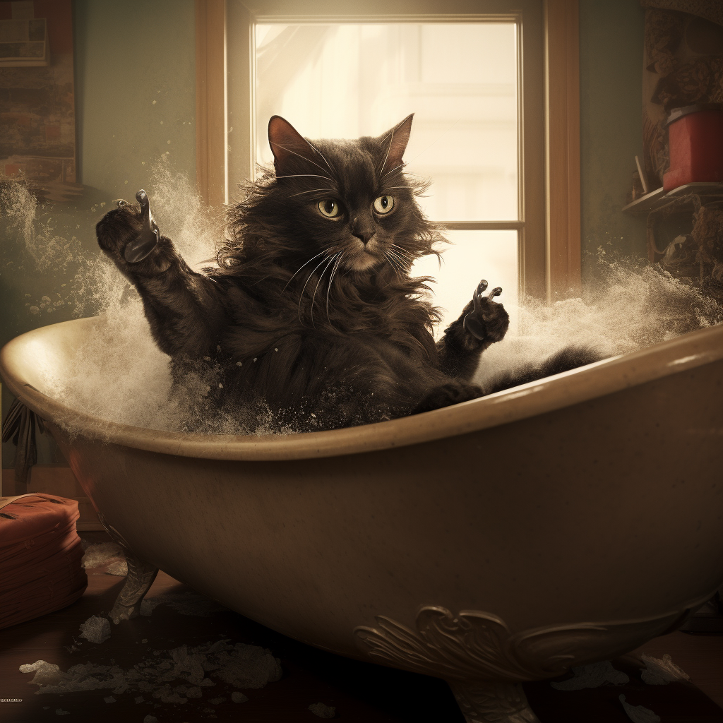 Catman flying on a clawfoot bathtub